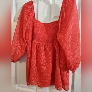 Coral Animal Print Sheer Blouse,Off Shoulder Design,Size Large